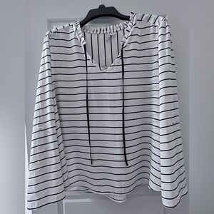 Elle, White and Black Stripes Blouse, Long sleeve and Sleeves Roll-up and Button